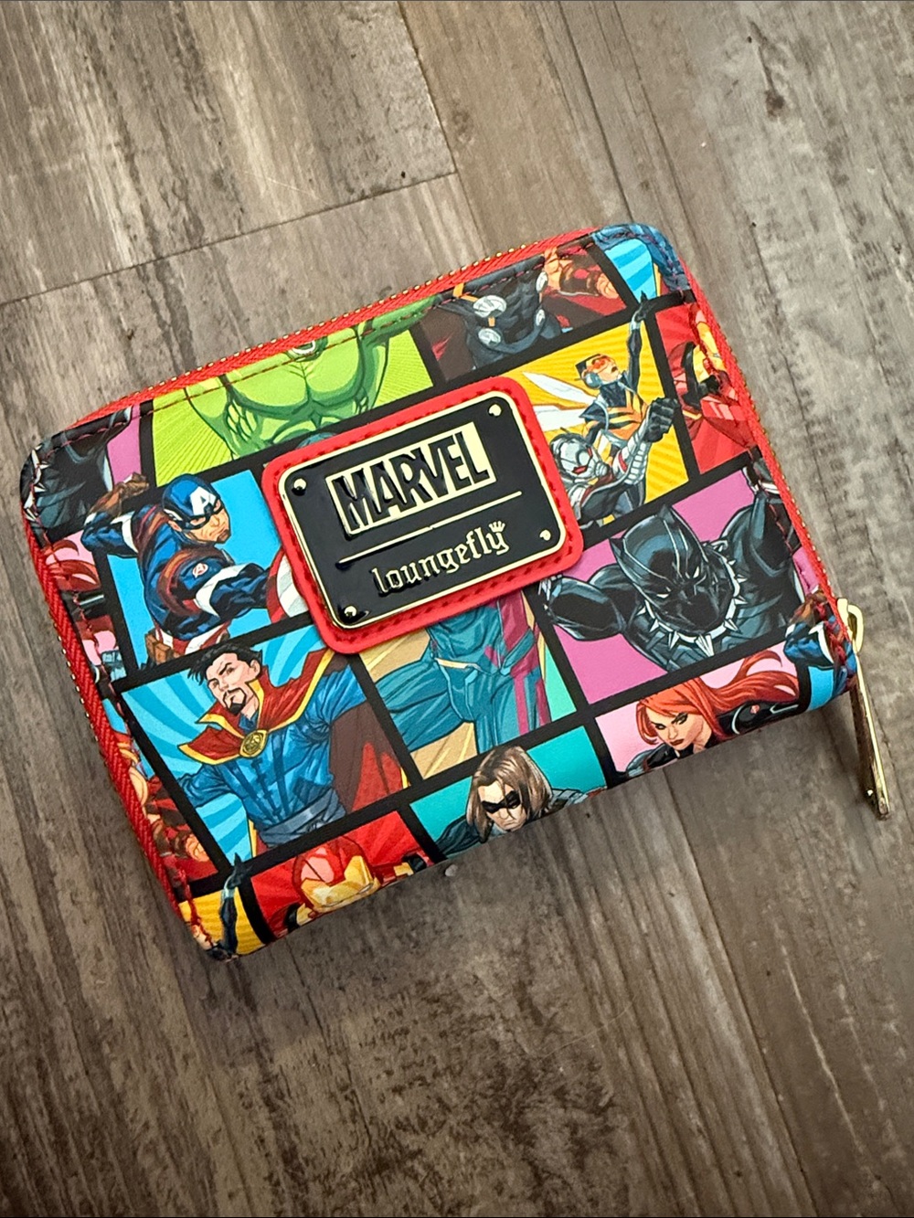 Loungefly Marvel Multicolor Superhero Zip Wallet with Red Trim